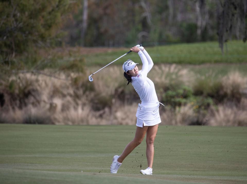 Rose Zhang hits from the ninth fairway at the Grant Thornton Invitational at Tiburon Golf Club in Naples on Friday, Dec. 8, 2023.