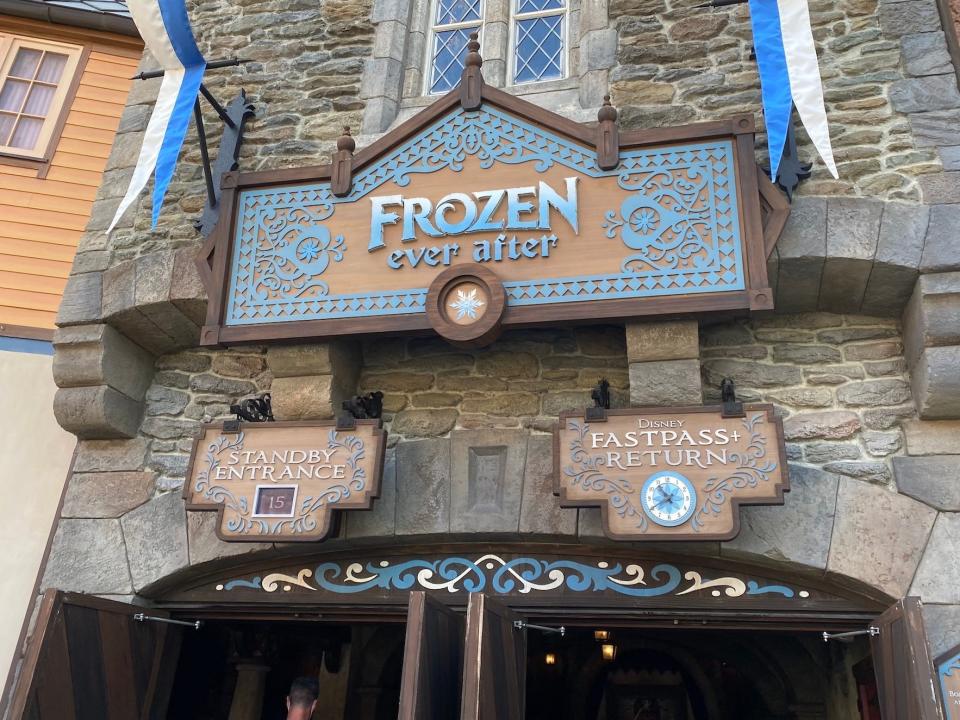 The Frozen Ever After ride entrance at Epcot in Disney World.