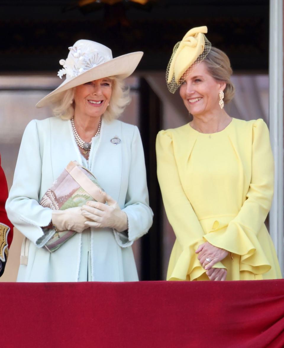 london, england june 15 queen camilla and sophie, duchess of edinburgh share a joke on the balcony of buckingham palace during trooping the colour at buckingham palace on june 15, 2024 in london, england trooping the colour is a ceremonial parade celebrating the official birthday of the british monarch the event features over 1,400 soldiers and officers, accompanied by 200 horses more than 400 musicians from ten different bands and corps of drums march and perform in perfect harmony photo by chris jacksongetty images