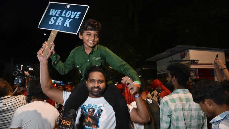 Jubilant Shah Rukh Khan fans wait for his latest movie, "Jawan," to open in Mumbai on September 7, 2023. - Indranil Mukherjee/AFP/Getty Images