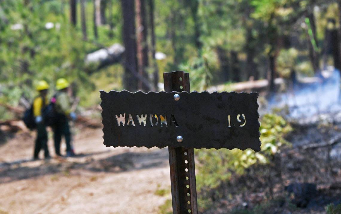 Firefighters keep an eye on spot fires along the Wawona-Mariposa Grove Trail, an area burned by the Washburn Fire near Wawona in Yosemite National Park Monday, July 11, 2022.