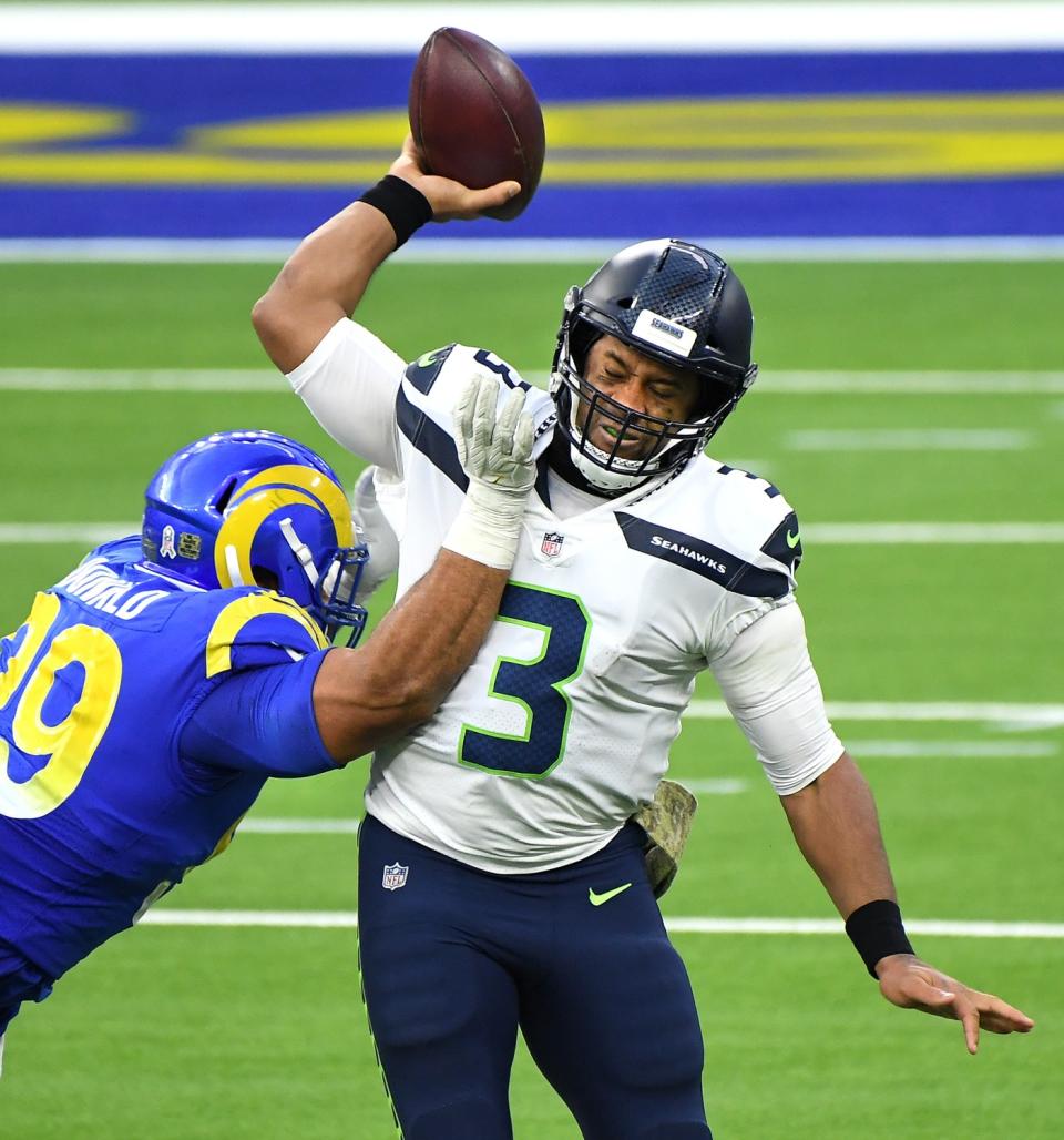 Rams Aaron Donald forces Seahawks quarterback Russell Wilson into an incomplete pass during their game in December.