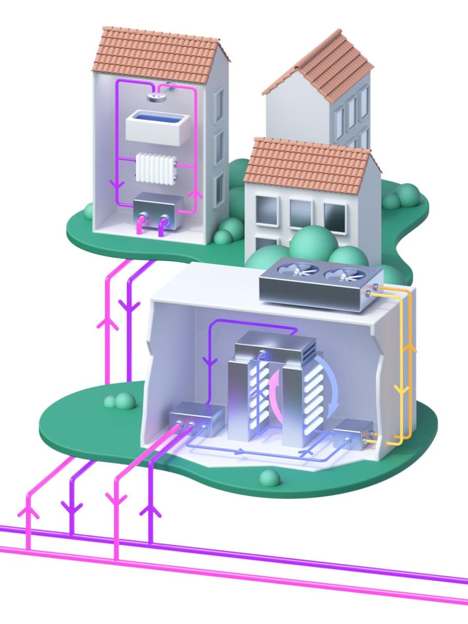 infographic shows pink lines flowing out of a data center underground and through a home with a shower and space heater an purple lines flowing back