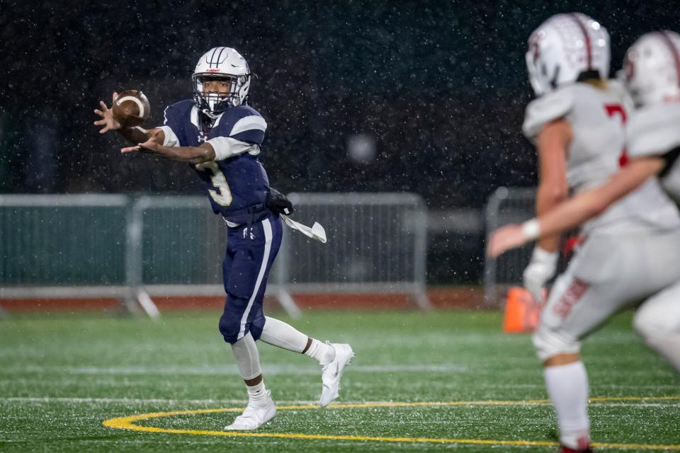 Marist’s Dennis Jackson Jr. makes a catch as the No. 2 Marist Spartans take on No. 3 Seaside in the OSAA Class 4A state semifinals Saturday, Nov. 18, 2023, at Hillsboro Stadium in Hillsboro.