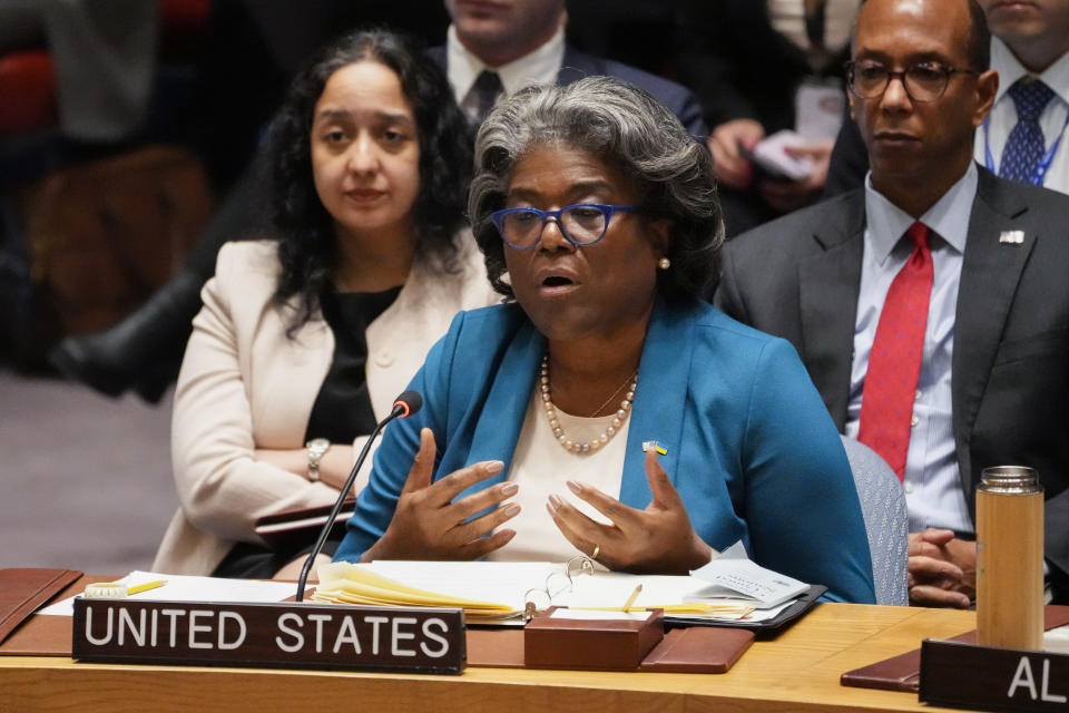 FILE - Linda Thomas-Greenfield, United States Ambassador to the United Nations, speaks during a meeting of the U.N. Security Council, April 24, 2023, at United Nations headquarters. The United States has announced $524 million in additional humanitarian aid for the Horn of Africa that aims to put a spotlight on the extreme effects of climate change and the worst drought in the region in 40 years. The aid announcement also seeks to highlight the need for more than $5 billion. U.S. Ambassador Linda Thomas-Greenfield made the announcement Wednesday at a U.N. pledging conference. (AP Photo/John Minchillo, File)