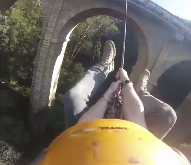 A YouTube video shows the daredevlis leaping off the bridge and doing backflips. Picture: Instagram/getthedice