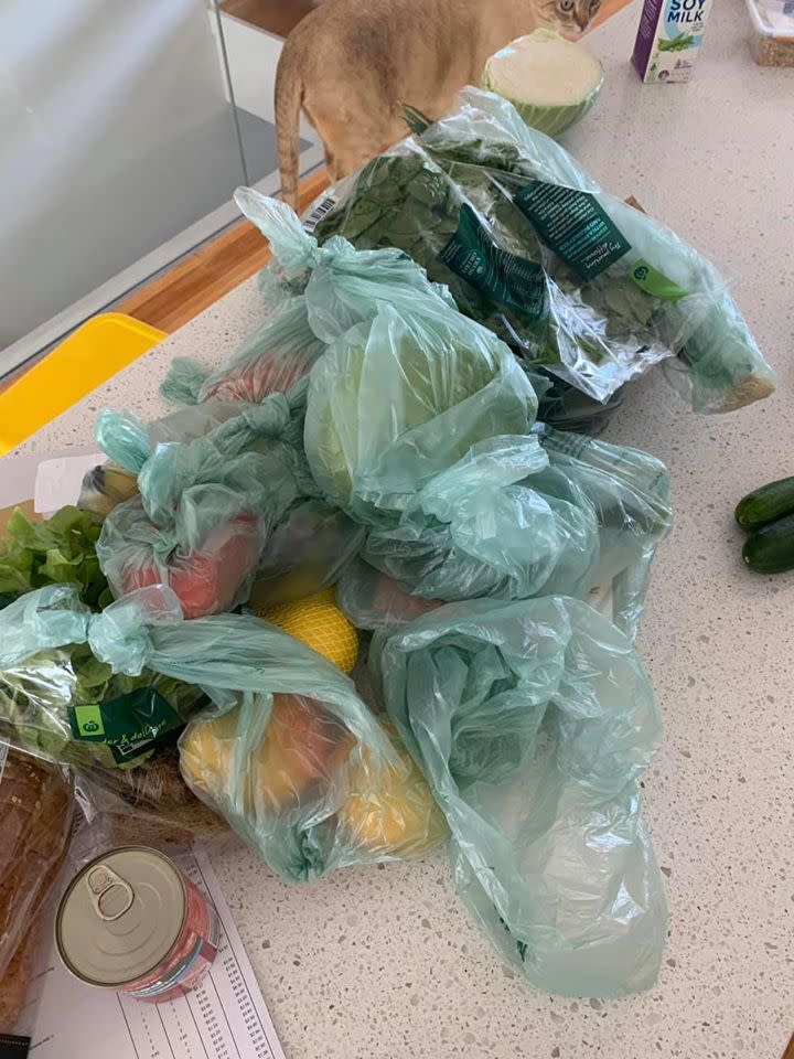 The man said he received 15 single-use plastic bags with his Wooloworths online order. Source: Facebook.