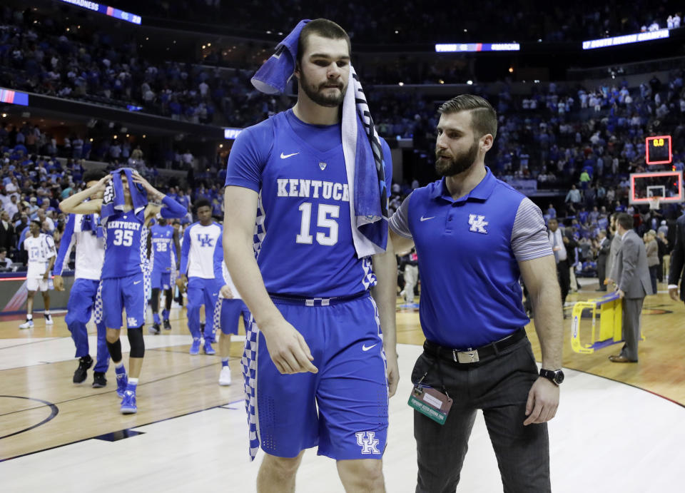 FIEL - Kentucky's Isaac Humphries (15) leaves the court after Kentucky lost to North Carolina 75-73 in the South Regional final game in the NCAA college basketball tournament on March 26, 2017, in Memphis, Tenn. Melbourne United starting center Isaac Humphries has announced that he is gay and said he hopes his decision to publicly announce his sexuality will lead to more professional sportsmen doing the same. (AP Photo/Mark Humphrey, File)