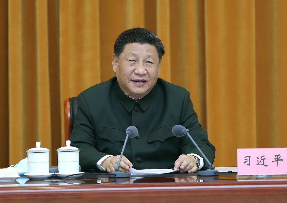 FUZHOU, March 24, 2021 -- Chinese President Xi Jinping, also general secretary of the Communist Party of China Central Committee and chairman of the Central Military Commission, delivers a speech while inspecting a mobile corps of the People's Armed Police Force in Fujian Province, March 24, 2021. (Photo by Li Gang/Xinhua via Getty) (Xinhua/Li Gang via Getty Images)