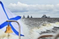 Russian Navy's warships are seen ready for the Navy Day parade in Saint Petersburg