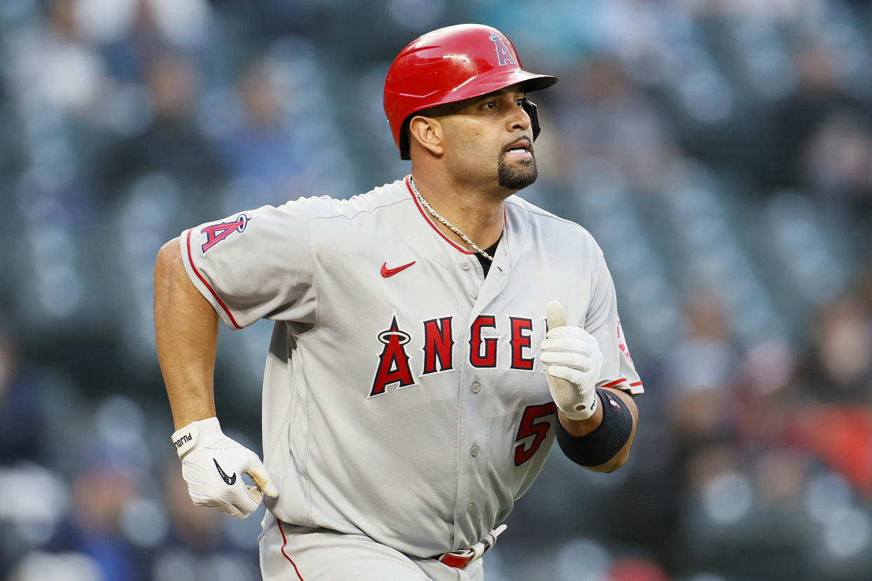 SEATTLE, WASHINGTON - APRIL 30: Albert Pujols #5 of the Los Angeles Angels at bat against the Seattle Mariners at T-Mobile Park on April 30, 2021 in Seattle, Washington. (Photo by Steph Chambers/Getty Images)