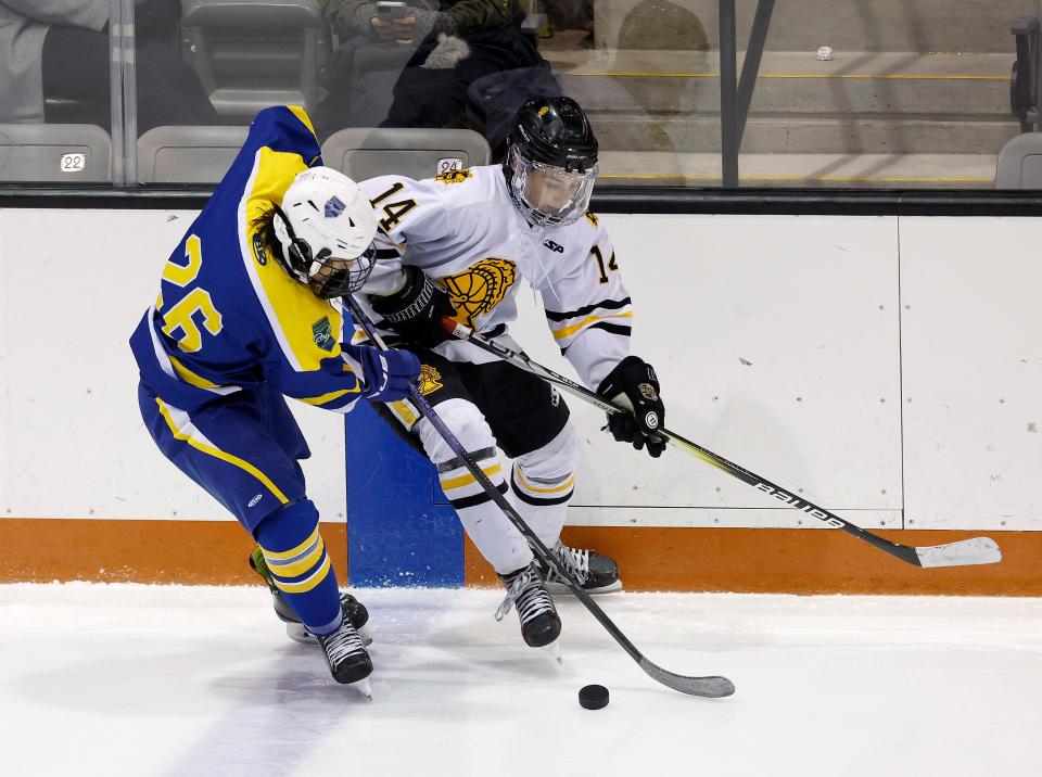 Portside’s Connor Thomas pressures McQuaid’s Eoghan Maier along the boards during the Section V Class A championship Monday, Feb. 26.