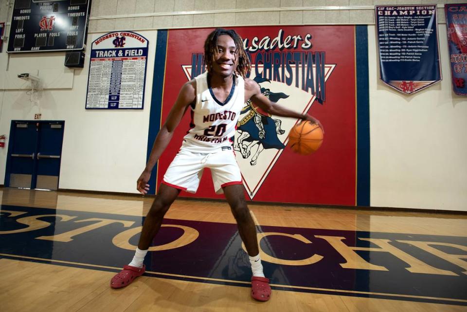 Modesto Christian shooting guard BJ Davis is boys basketball player of the year. Photographed at Modesto Christian High School in Modesto, Calif., Tuesday, March 28, 2023.