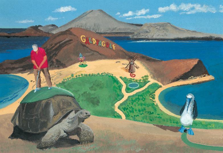 This image released by Blue Rider Press shows an illustration from the book, "This Land Was Made for You and Me (But Mostly Me): Billionaires in the Wild," by Bruce McCall and David Letterman. McCall, 78, depicts a wonderland of gracious living that is extravagantly large. (AP Photo/Blue Rider Press)