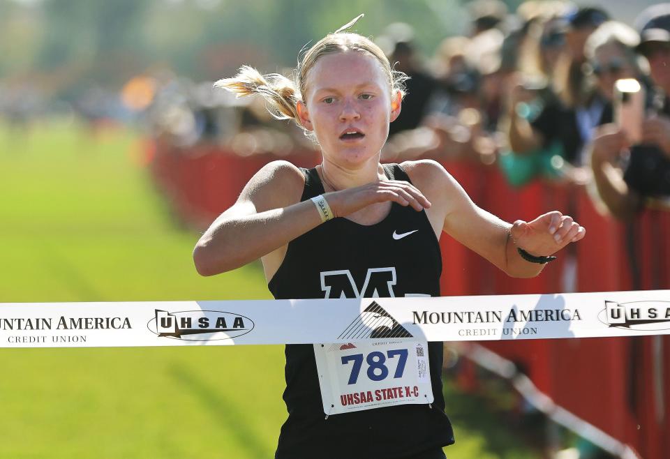 Julie Moore of Mountain View wins the 4A girls cross-country state championship race at the Regional Athletic Complex in Rose Park on Tuesday, Oct. 24, 2023. | Jeffrey D. Allred, Deseret News