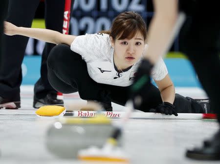 Curling - Pyeongchang 2018 Winter Olympics - Women's Semi-final - South Korea v Japan - Gangneung Curling Center - Gangneung, South Korea - February 23, 2018 - Vice-skip Chinami Yoshida of Japan watches the shot. REUTERS/John Sibley