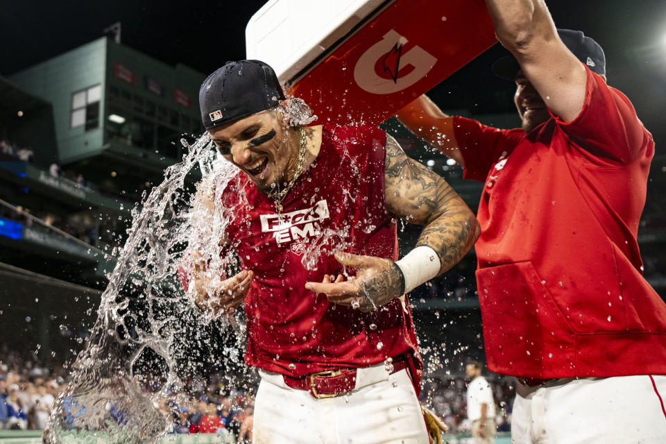 BOSTON, MA – JUNE 24: Jarren Duran #16 of the Boston Red Sox reacts to being doused with Gatorade after hitting a game-winning walk-off RBI single during the ninth inning against the Toronto Blue Jays on June 24, 2024 at Fenway Park in Boston, Massachusetts.  (Photo by Billie Weiss/Boston Red Sox/Getty Images)