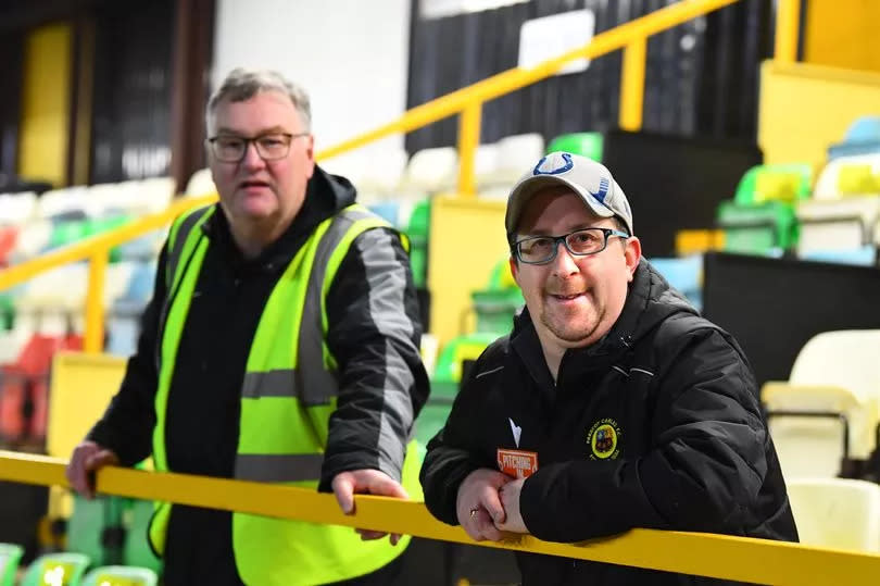 Kenny Hunt(Head Steward and ex Youth Team Manager)left,and Richard Tigwell(Director),at Prescot Cables Football Club