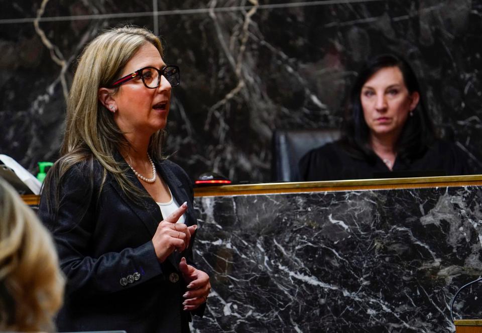 Mariell Lehman, attorney for James Crumbley, makes opening statements in the Oakland County courtroom of Judge Cheryl Matthews during his trial. Crumbley is being tried on four counts of involuntary manslaughter on Thursday, March. 7, 2024.