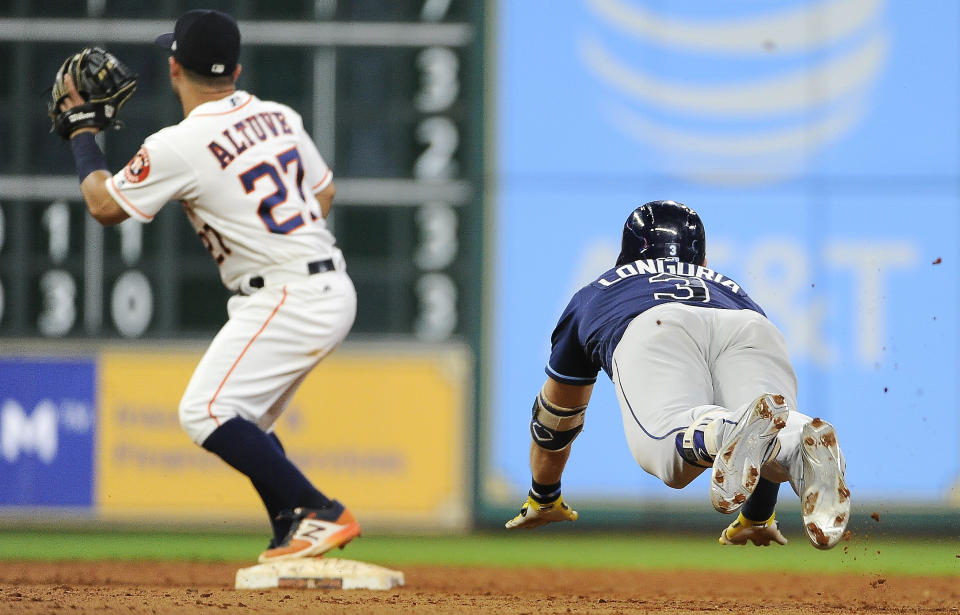 Evan Longoria needed a double to complete the cycle, so he went into second base head first to try to get it. (AP)