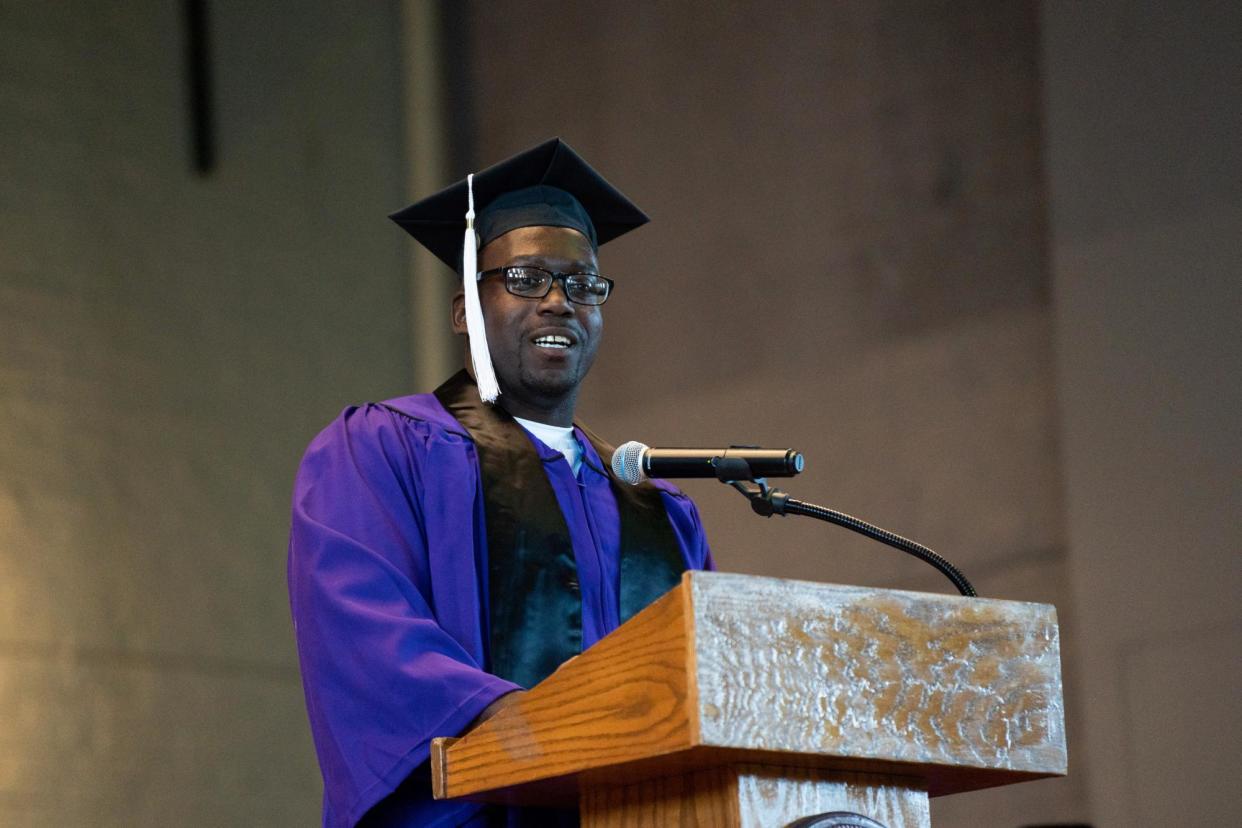 <span>Benard McKinley speaks during his commencement as part of the Northwestern Prison Education Program at Stateville correctional center in Crest Hill, Illinois, on 15 November 2023.</span><span>Photograph: Monika Wnuk/Northwestern Prison Education Program</span>