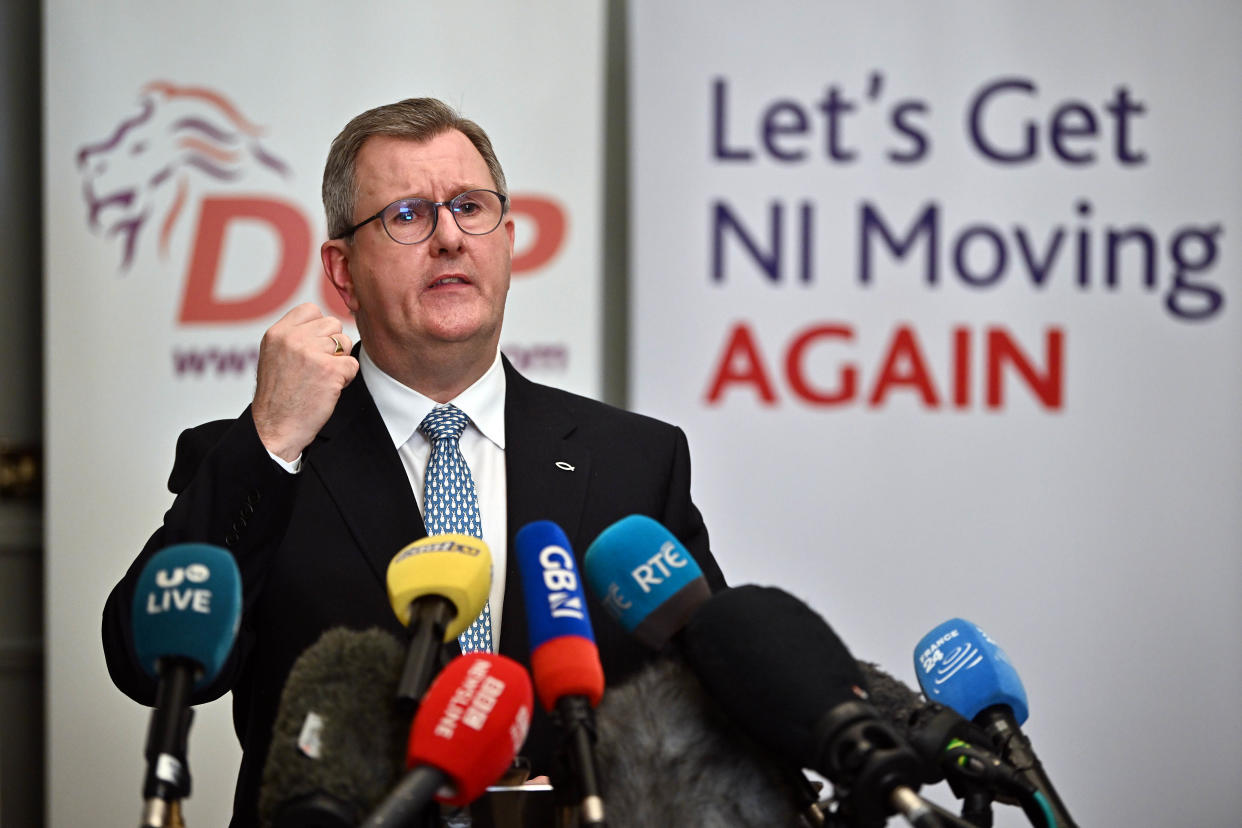 BELFAST, NORTHERN IRELAND - JANUARY 30: Democratic Unionist Party (DUP) leader Sir Jeffrey Donaldson addresses the media following a meeting with 120 executive members of the DUP on a possible deal to restore the devolved government on January 30, 2024 in Belfast, Northern Ireland. The province has been without a government for two years since the DUP triggered the collapse of the power-sharing executive in a protest against post-Brexit trade checks between Northern Ireland and Great Britain, known as the Windsor Framework.  (Photo by Charles McQuillan/Getty Images)