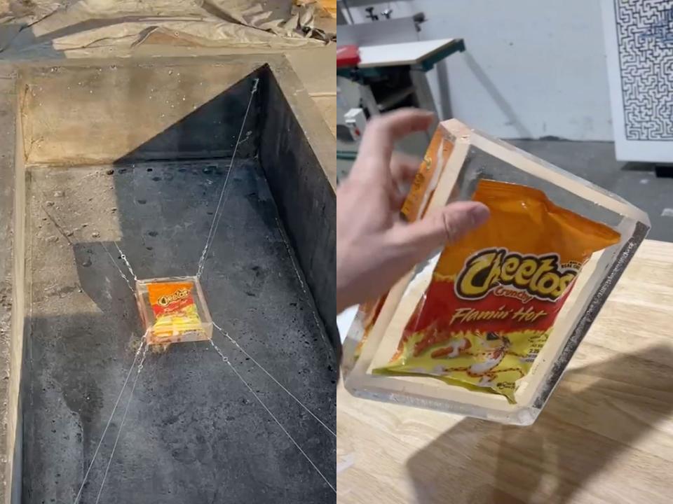 side-by-side images of a Flamin' Hot Cheetos bag suspended in a coffin and it suspended in resin