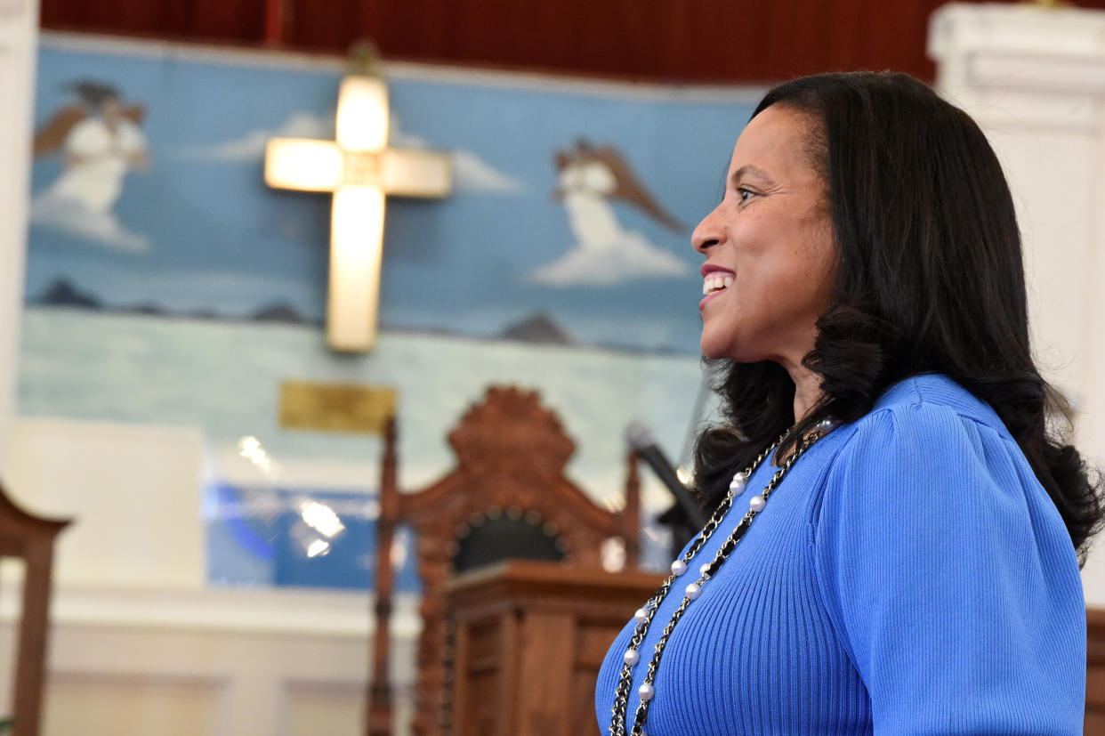 State Sen. Mia McLeod stands in the sanctuary of Shiloh Baptist, her family's church, on Tuesday, June 1, 2021, in Bennettsville, S.C. In her challenge of Gov. Henry McMaster, the Columbia Democrat is the first Black woman to seek South Carolina's top job. (AP Photo/Meg Kinnard)