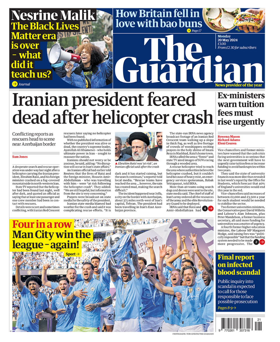 The headline on the front page of the Guardian reads: "Iranian president feared dead after helicopter crash"