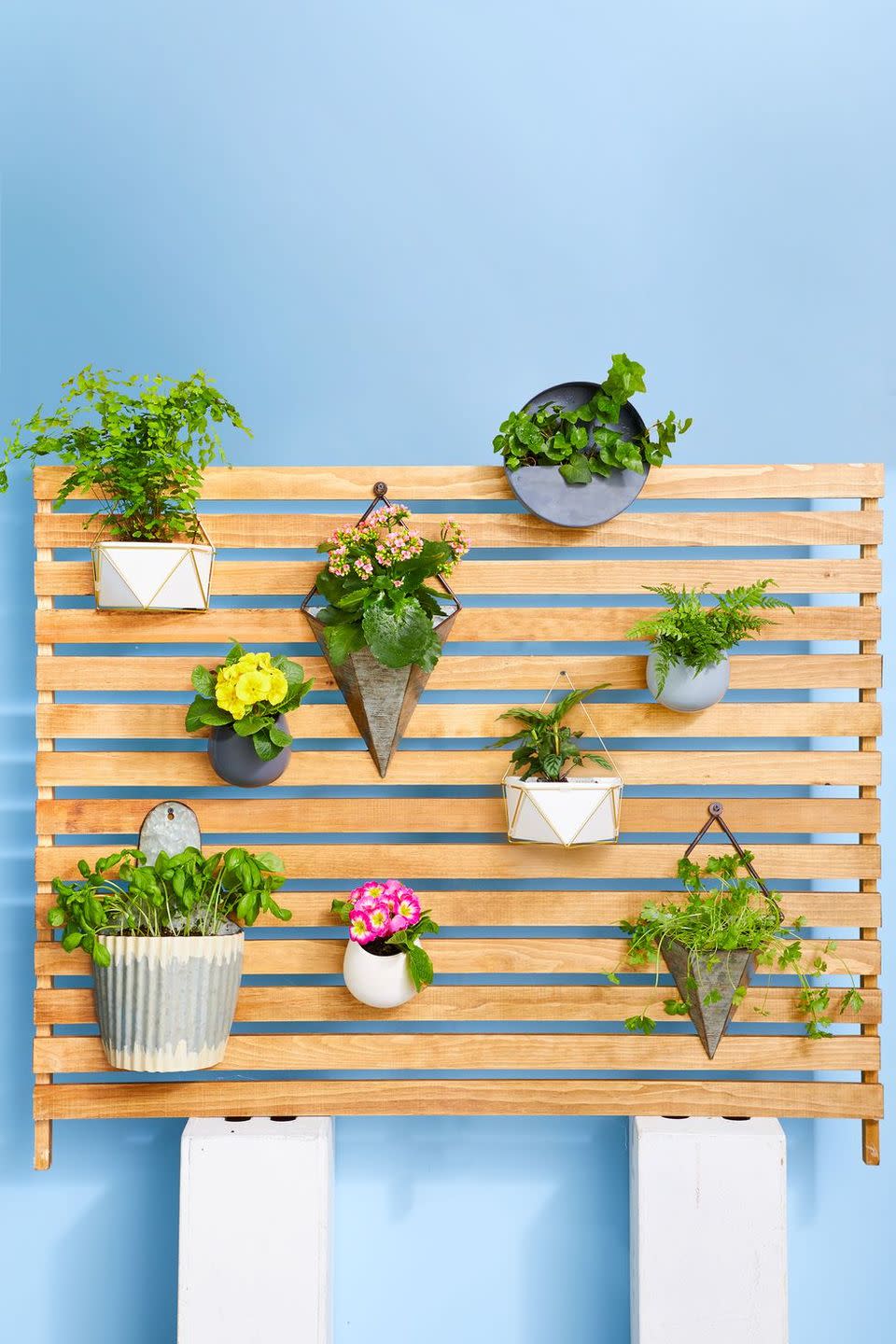 <p>Since you don't have a ton of room to grow plants, make sure that you're always thinking about ways to use the little space that you do have. In this case, dress up a pallet fence with an assortment of greenery and seasonal blooms in flat-backed planters.</p>