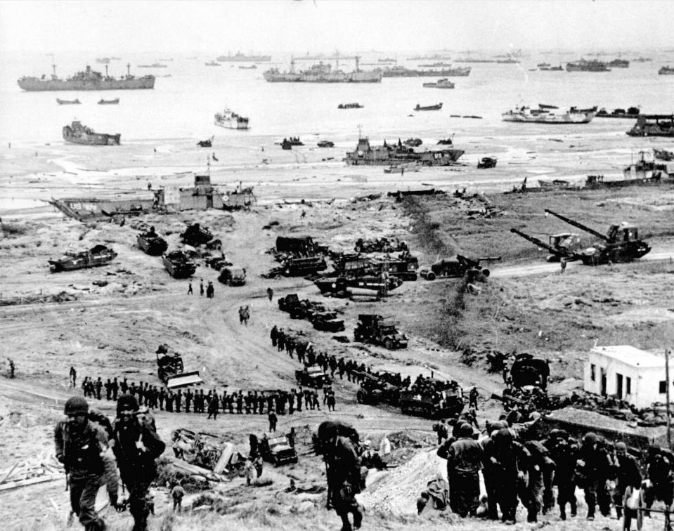 The Allies came ashore in five landing areas. American troops suffered heavy casualties on Omaha Beach, but by nightfall the first day 34,000 troops had come ashore at that beach alone.