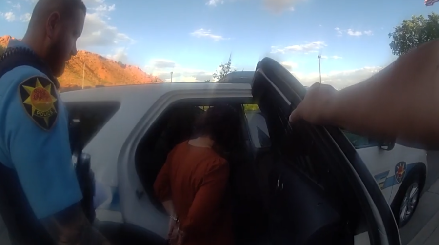 This screenshot from police bodycam footage shows the arrest of Ida Ann Lorenzo in St. George, Utah, in April 2024.