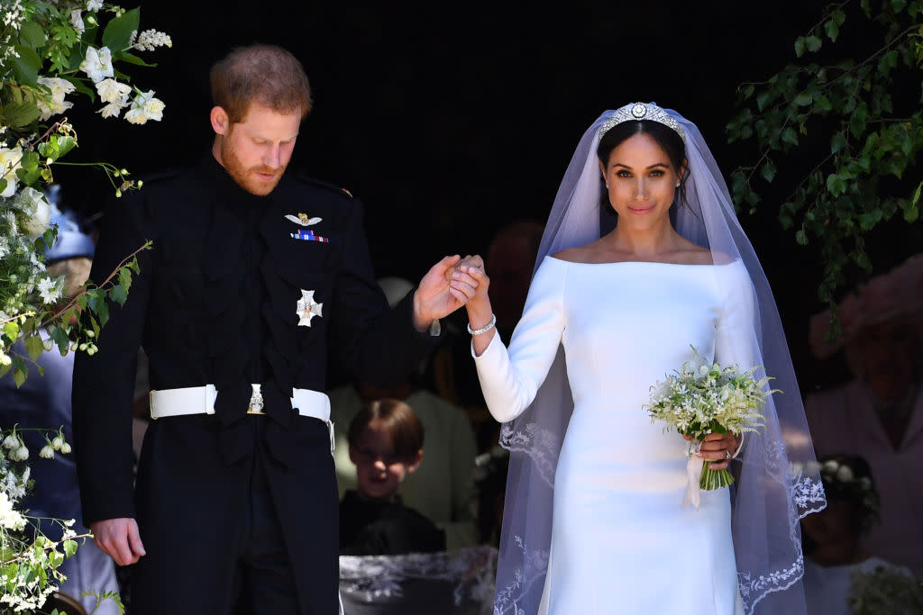 Harry and Meghan made a subtle tribute to Diana by using flowers from Kensington Palace in Meghan’s bouquet. Source: Getty