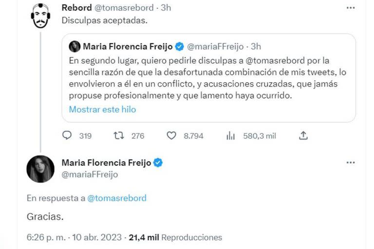 Tomás Rebord aceptó las disculpas de Flor Freijo