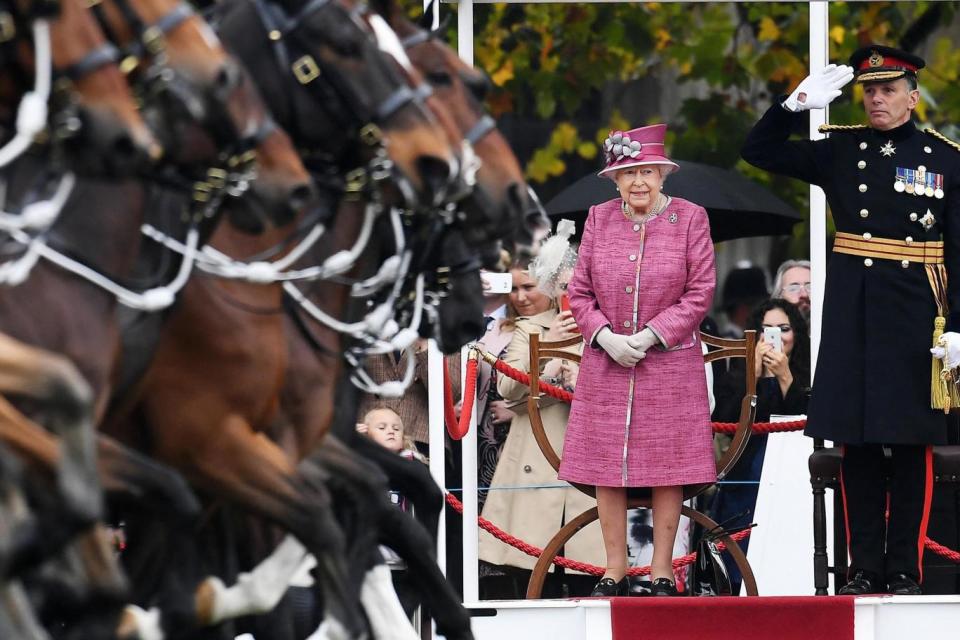 The Queen inspects the King's Troop Royal Horse Artillery outside Hyde Park on October 19. (EPA)