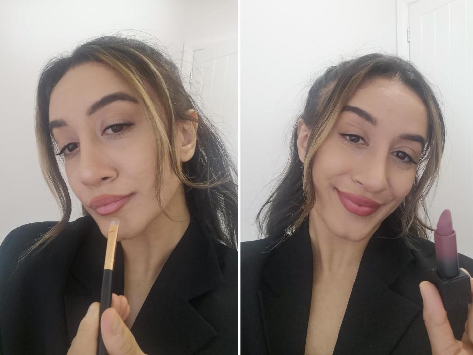 The author testing eyeshadow as a lip liner.