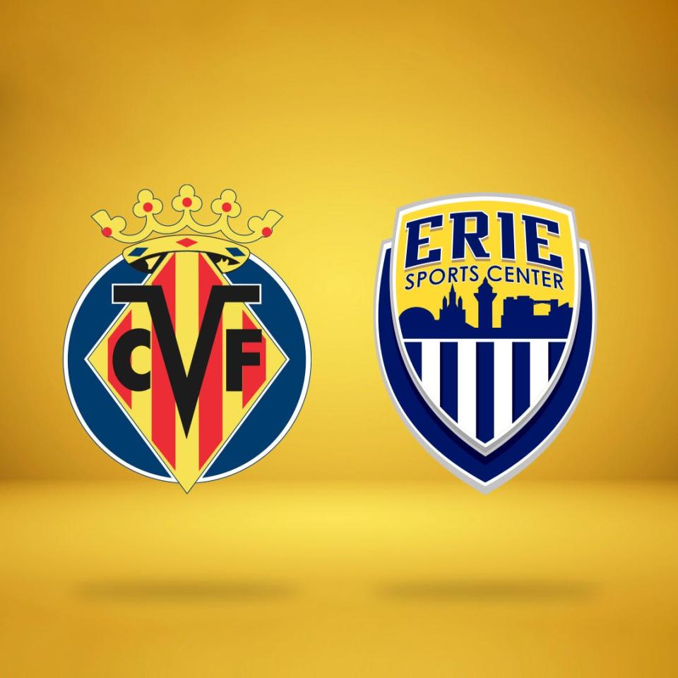 The logos of Villarreal CF and Erie Sports Center are shown as part of the pair’s international soccer academy announcement.