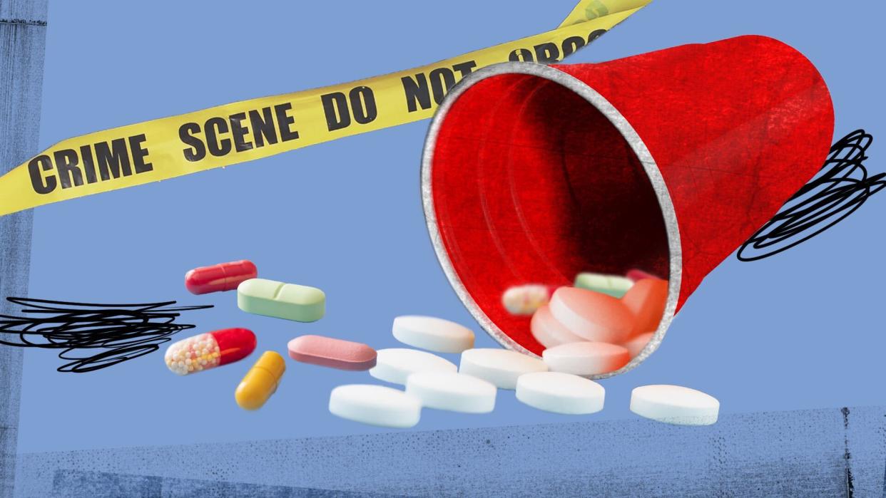 Being roofied shown as a red cup, spilled pills and crime scene tape (Illustration: Yahoo News Visuals; Photos: Getty Images)