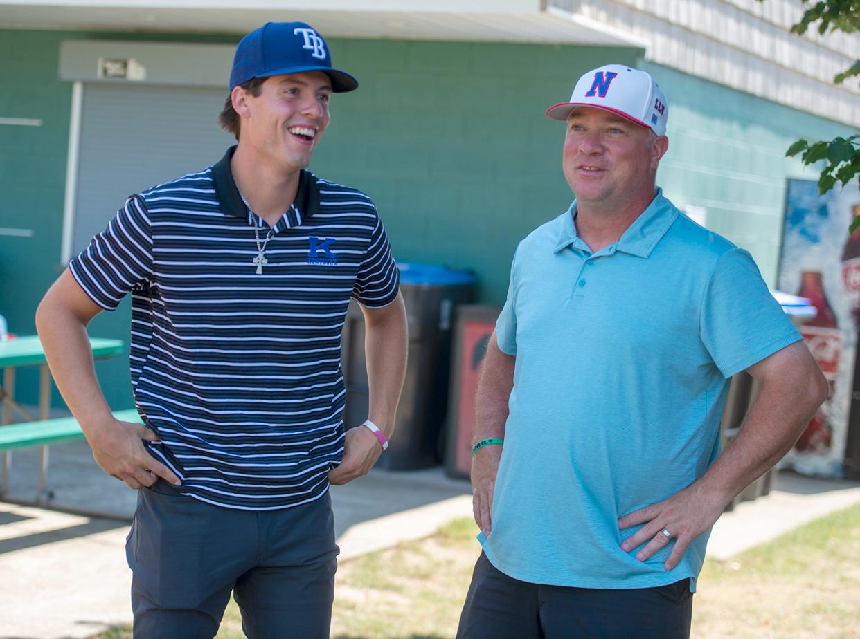 Natick High School and University of Kentucky graduate Sean Harney was drafted by the Tampa Bay Rays in the eighth round of the MLB draft. Here is Harney with former coach and recently named Natick High School Principal Jason Hoye (right) at Mahan Field in Natick on July 20, 2022.