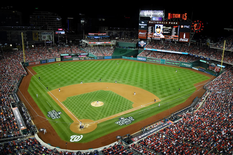 WASHINGTON, DC - OCTOBER 27:  A general view as Sean Doolittle #63 of the Washington Nationals delivers the pitch to Martin Maldonado #12 of the Houston Astros during the seventh inning in Game Five of the 2019 World Series at Nationals Park on October 27, 2019 in Washington, DC. (Photo by Will Newton/Getty Images)