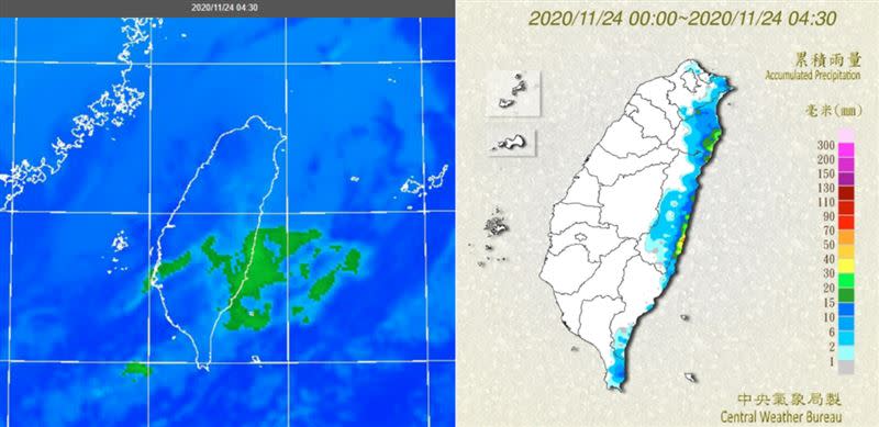 左圖：今（24日）晨4：30紅外線色調強化雲圖顯示，台灣迎風面低層雲較厚。右圖：今晨4：30累積雨量圖顯示，北海岸、北部山區及東半部有明顯降雨，大台北東側平地亦有一些零星降雨。