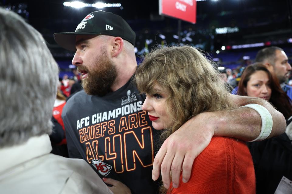 Travis Kelce celebrates with Taylor Swift after a 17-10 victory against the Baltimore Ravens.