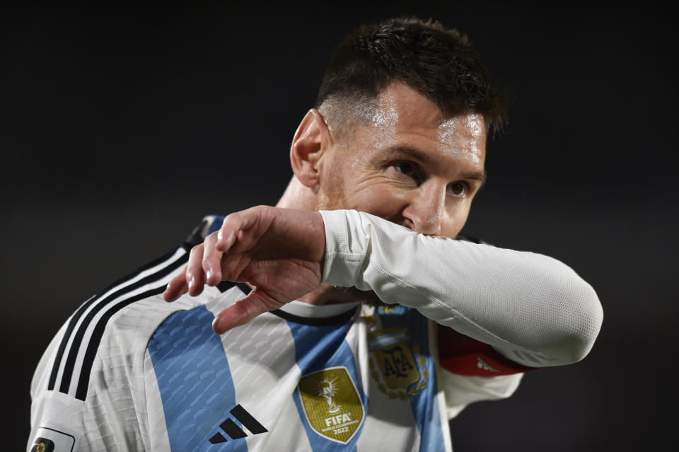 Argentina's Lionel Messi gestures during a qualifying soccer match for the FIFA World Cup 2026 against Paraguay at the Monumental stadium in Buenos Aires, Argentina, Thursday, Oct. 12, 2023. (AP Photo/Gustavo Garello)