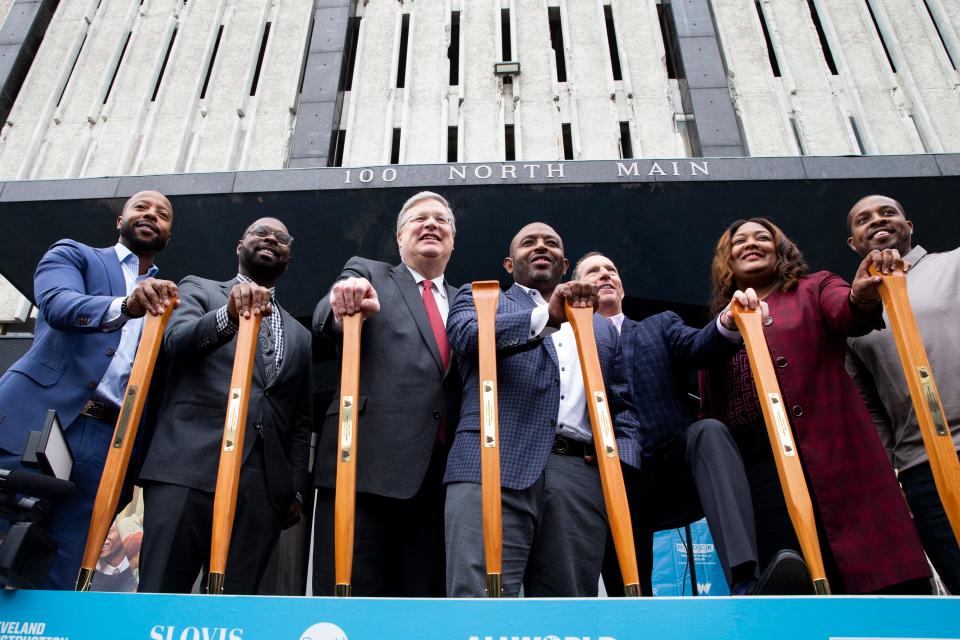 Shelby County Commissioner Mickell Lowery, Memphis Mayor-elect Paul Young, Memphis Mayor Jim Strickland, Kevin Woods and Billy Orgel with 100 N. Main Development, Joann Massey, vice president of operations with EDGE, and City Councilman J.B. Smiley pose for a photo in front of 100 N. Main during the ceremonial groundbreaking for 100 N. Main redevelopment in Downtown Memphis on Thursday, Nov. 30, 2023.