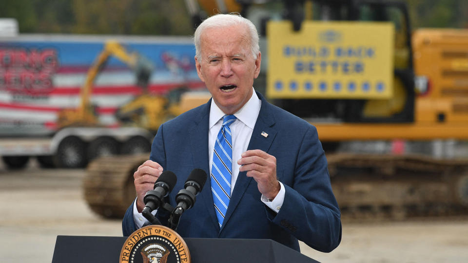 President Joe Biden speaks about the bipartisan infrastructure bill and his Build Back Better agenda at the International Union of Operating Engineers Training Facility in Howell, Michigan, on October 5, 2021. - Biden visits Howell to speak about his infrastructure bill and Build Back Better agenda. (Nicholas Kamm/AFP via Getty Images)