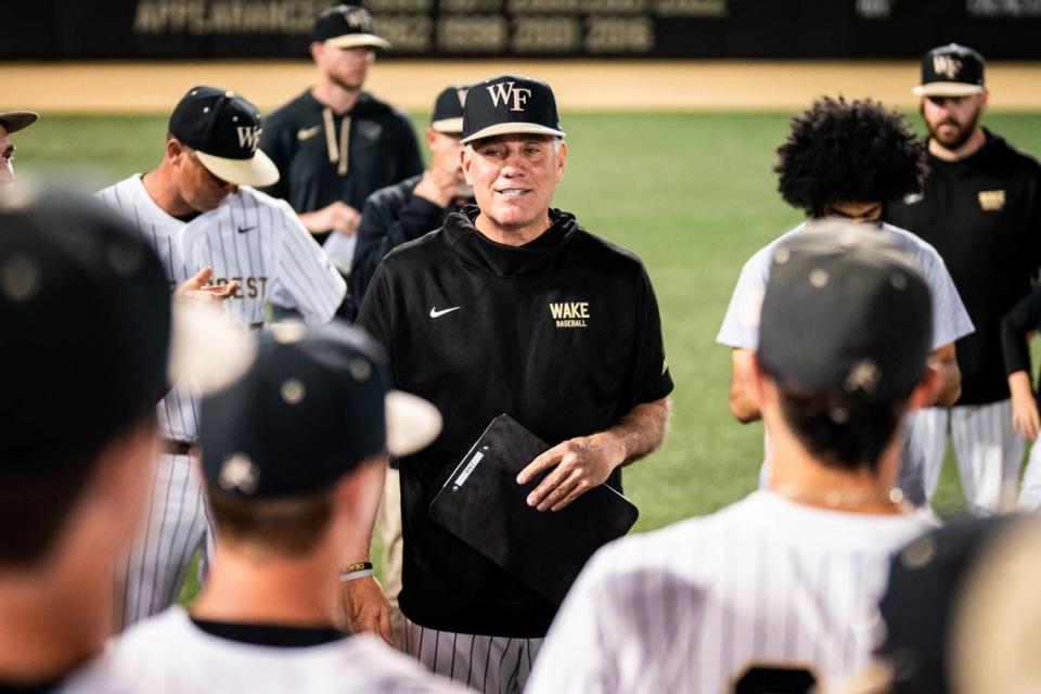 Wake Forest baseball coach Tom Walter gathers his team last month during his team’s historic, 50-win season. The Demon Deacons will host their Super Regional series this weekend against Alabama, which begins at noon Saturday, June 10, 2023. Courtesy of Wake Forest Athletics