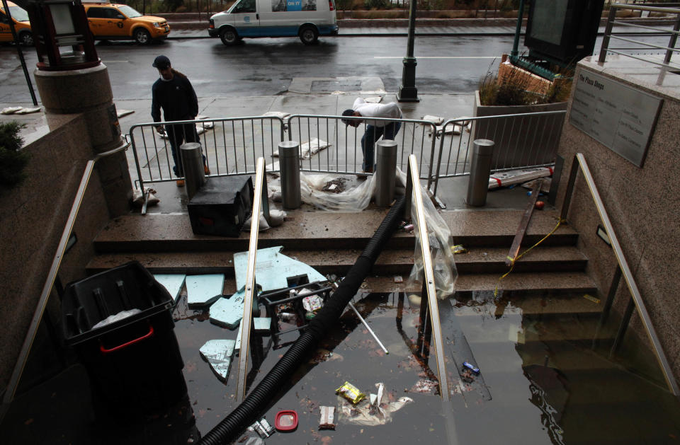 Water floods the Plaza Shops in Manhattan, New York. (Getty Images/Allison Joyce)