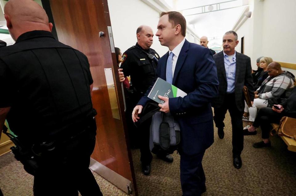 Aaron Dean arrives at Tarrant County’s 396th District Court for closing arguments on Wednesday, December 14, 2022, in Fort Worth. Dean is accused of murder in the 2019 shooting of Atatiana Jefferson in her home.