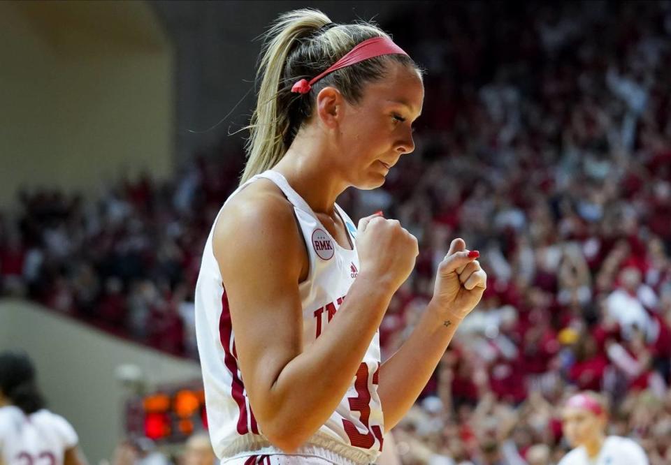 Indiana Hoosiers guard Sydney Parrish (33) celebrates after a defensive stop during the NCAA tournament second round game against the Oklahoma Sooners at Simon Skjodt Assembly Hall on Monday, March 25, 2024. Bobby Goddin/Herald-Times / USA TODAY NETWORK
