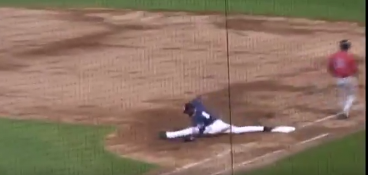 Emilio Guerrero lunges to catch a ball during a Double-A baseball game in New Hampshire Monday night. (NH Fisher Cats/Twitter).